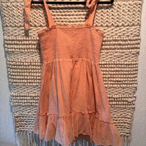Aerie Size M Peach Mini Sundress Smocked Tie Shoulders Ruffle Western Prairie